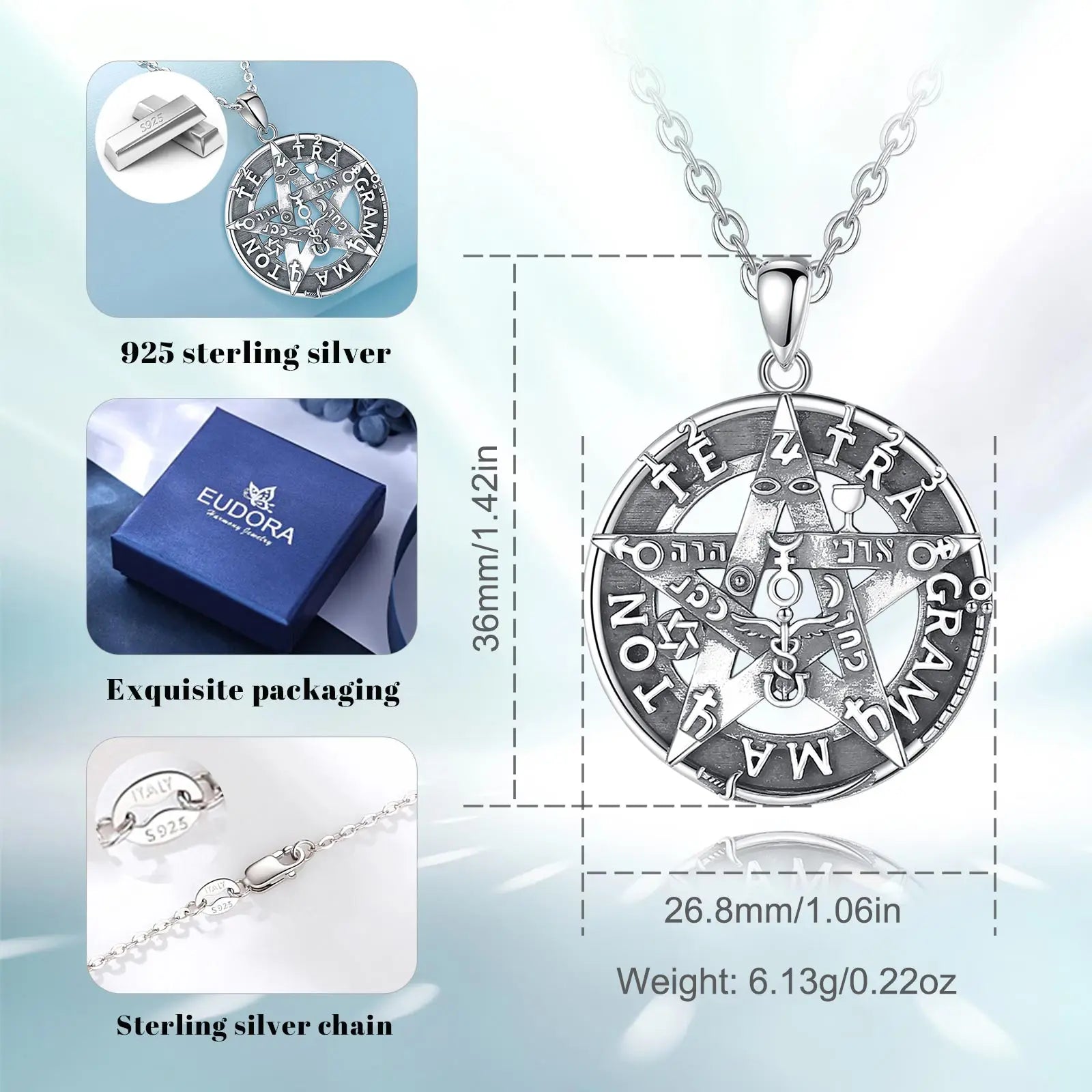Eudora 925 Sterling Silver Pentagram Runes Necklaces for Man Amulet Star Tetragrammaton Pendant Personality jewelry Party Gift